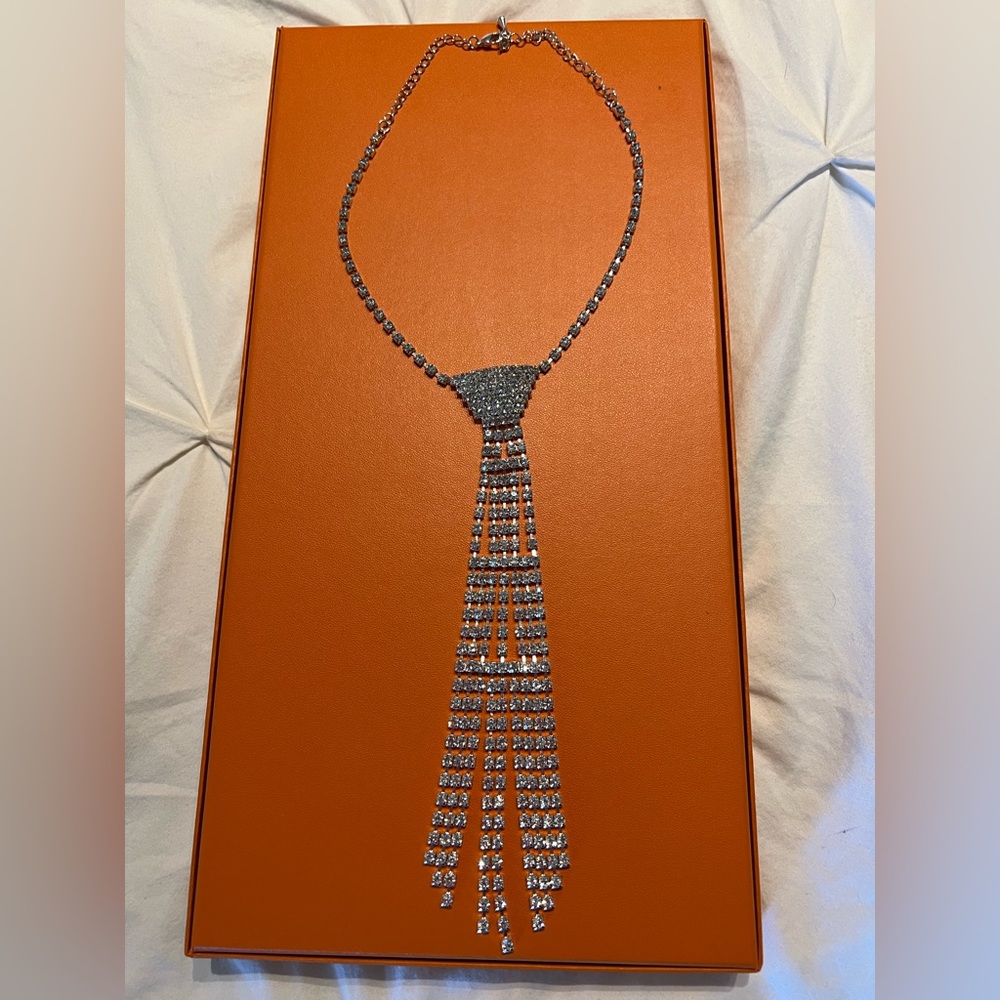 Silver Rhinestone Tie Necklace